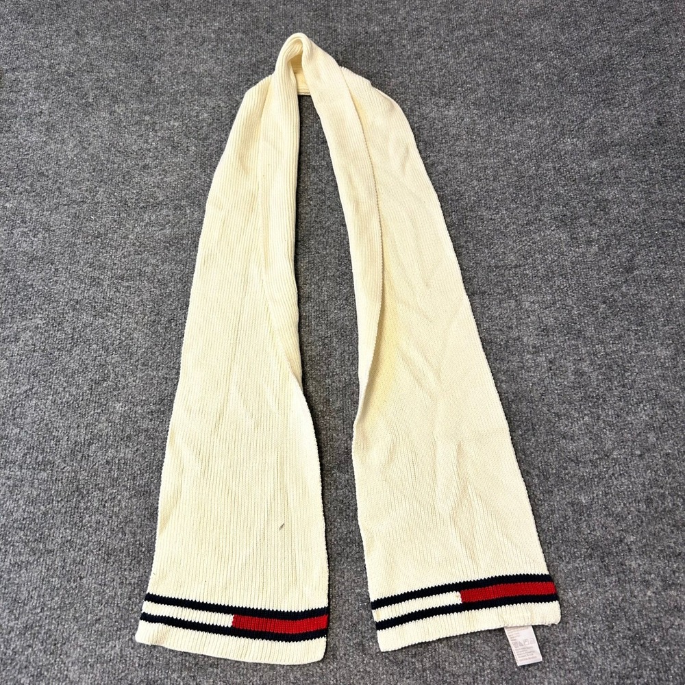 Tommy Hilfiger Scarf Womens OS Cream Cotton Ribbed Knit Striped Preppy Accessory